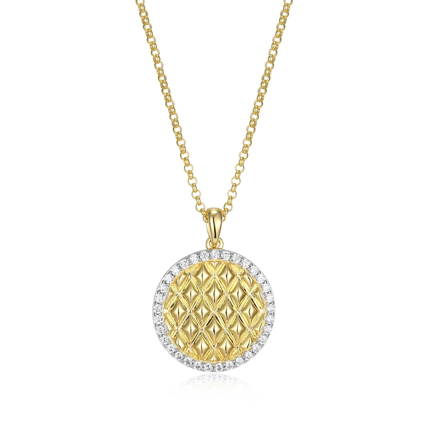 Sterling Silver Charles Garnier "quilted" Rhodium And Yellow Gold Plated Cz Necklace On 17" + 2" Extension Rolo Chain