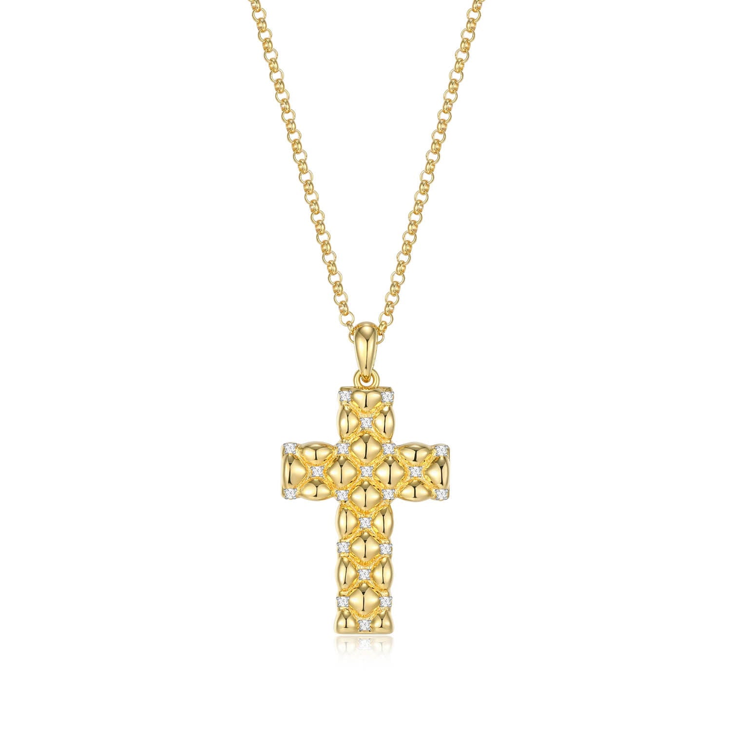 Sterling Silver Charles Garnier "quilted" Rhodium And Yellow Gold Plated Cz Necklace On 17" + 2" Extension Rolo Chain