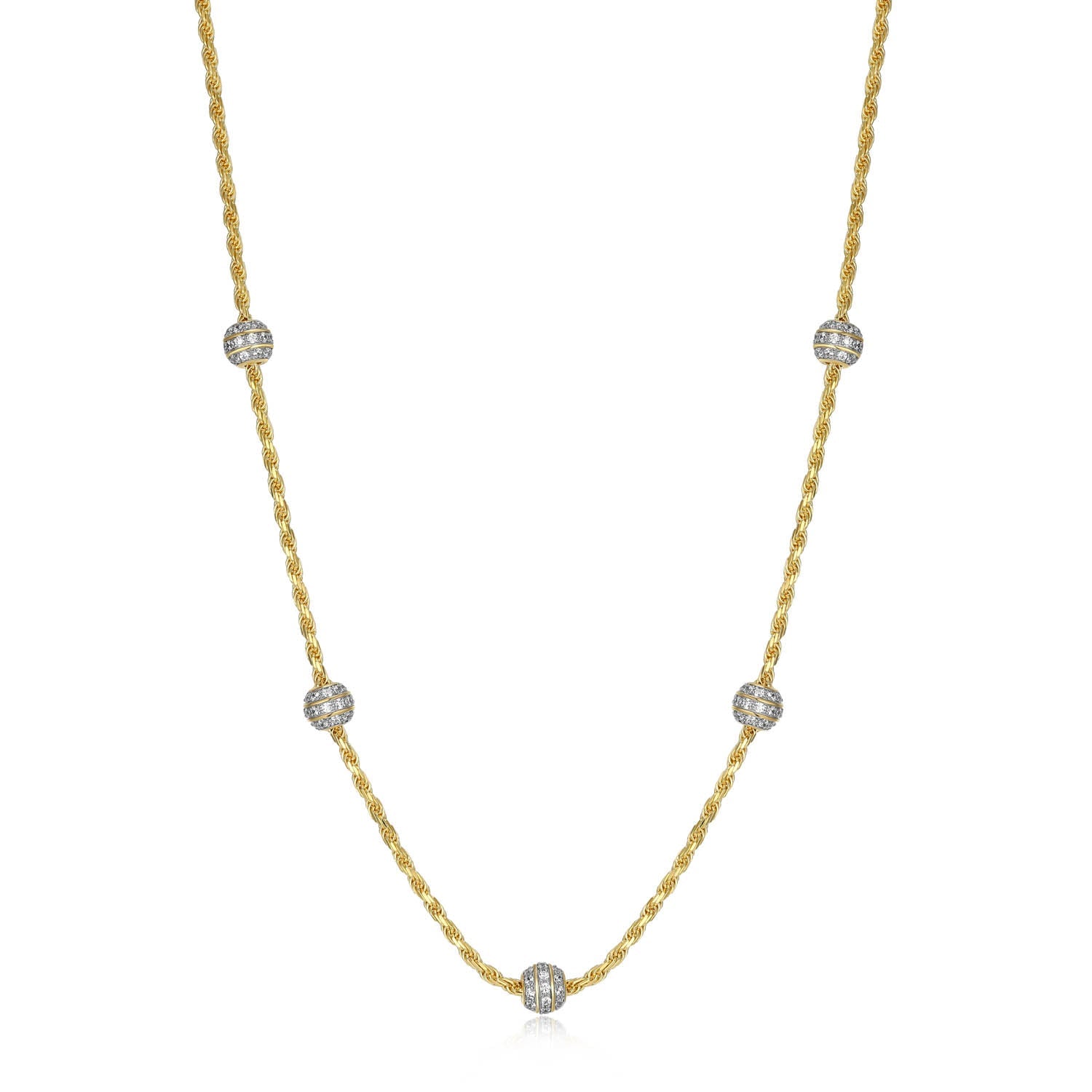 Sterling Silver Charles Garnier "rope" Rhodium And Yellow Gold Plated Cz Necklace 18" + 2" On Rope Chain