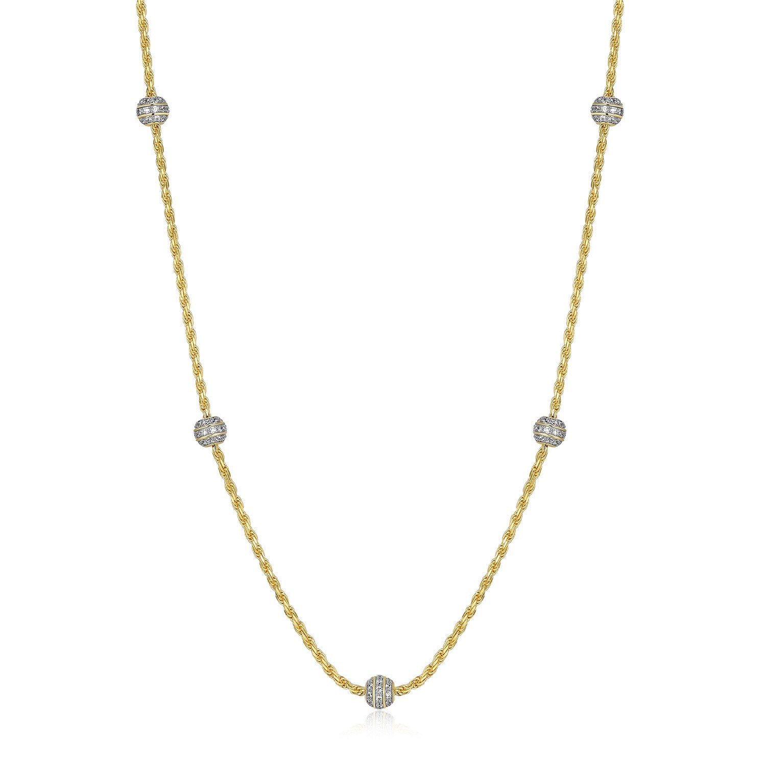 Sterling Silver Charles Garnier "rope" Rhodium And Yellow Gold Plated Cz Necklace 24" + 2" On Rope Chain