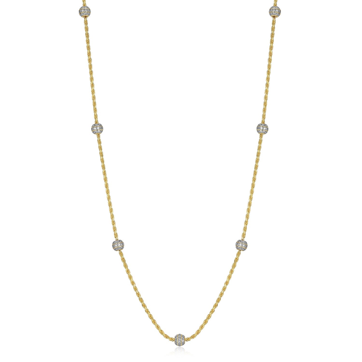 Sterling Silver Charles Garnier "rope" Rhodium And Yellow Gold Plated Cz Necklace 30" + 3" On Rope Chain