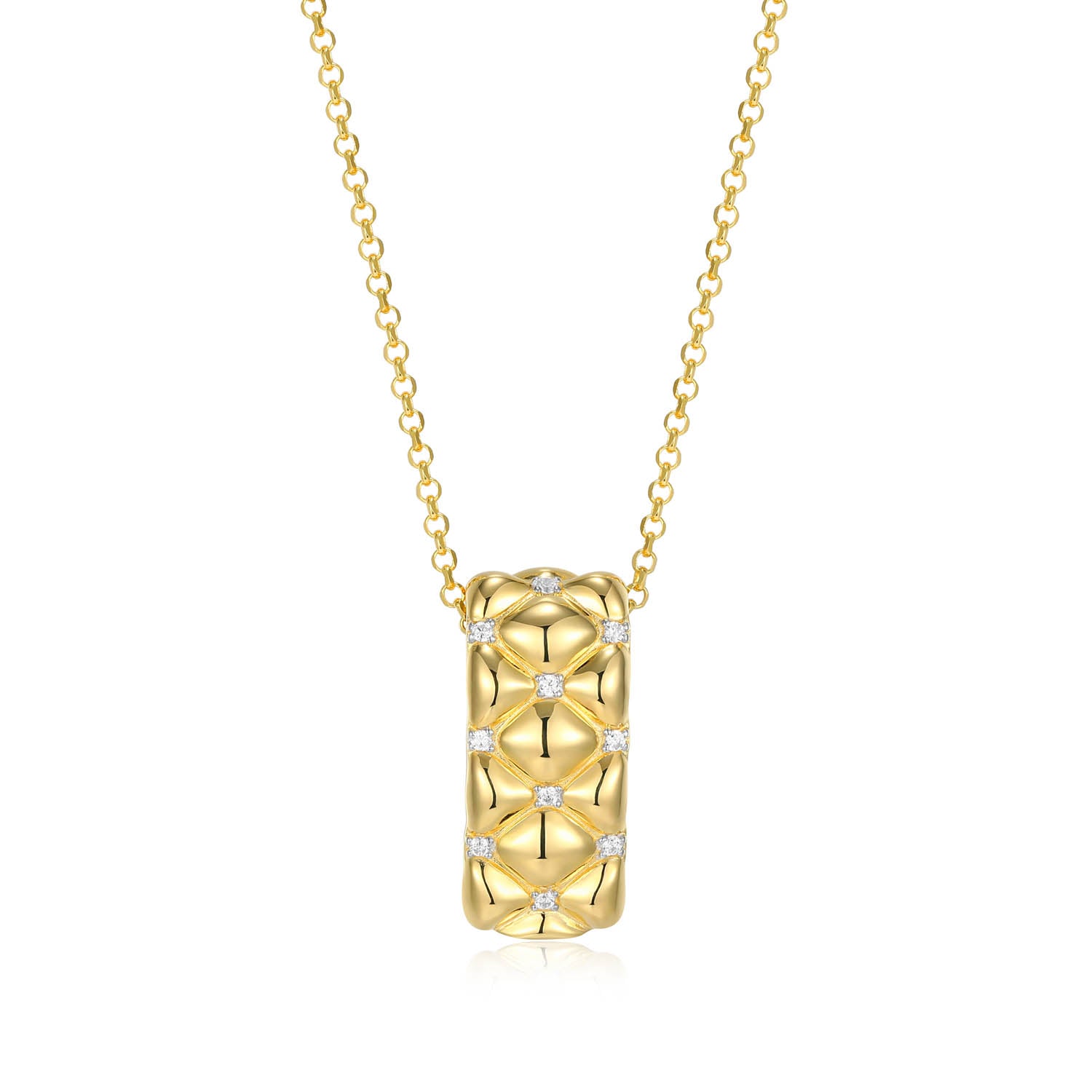 Sterling Silver Charles Garnier "quilted" Rhodium And Yellow Gold Plated Cz Necklace 17" + 2" Extension Rolo Chain