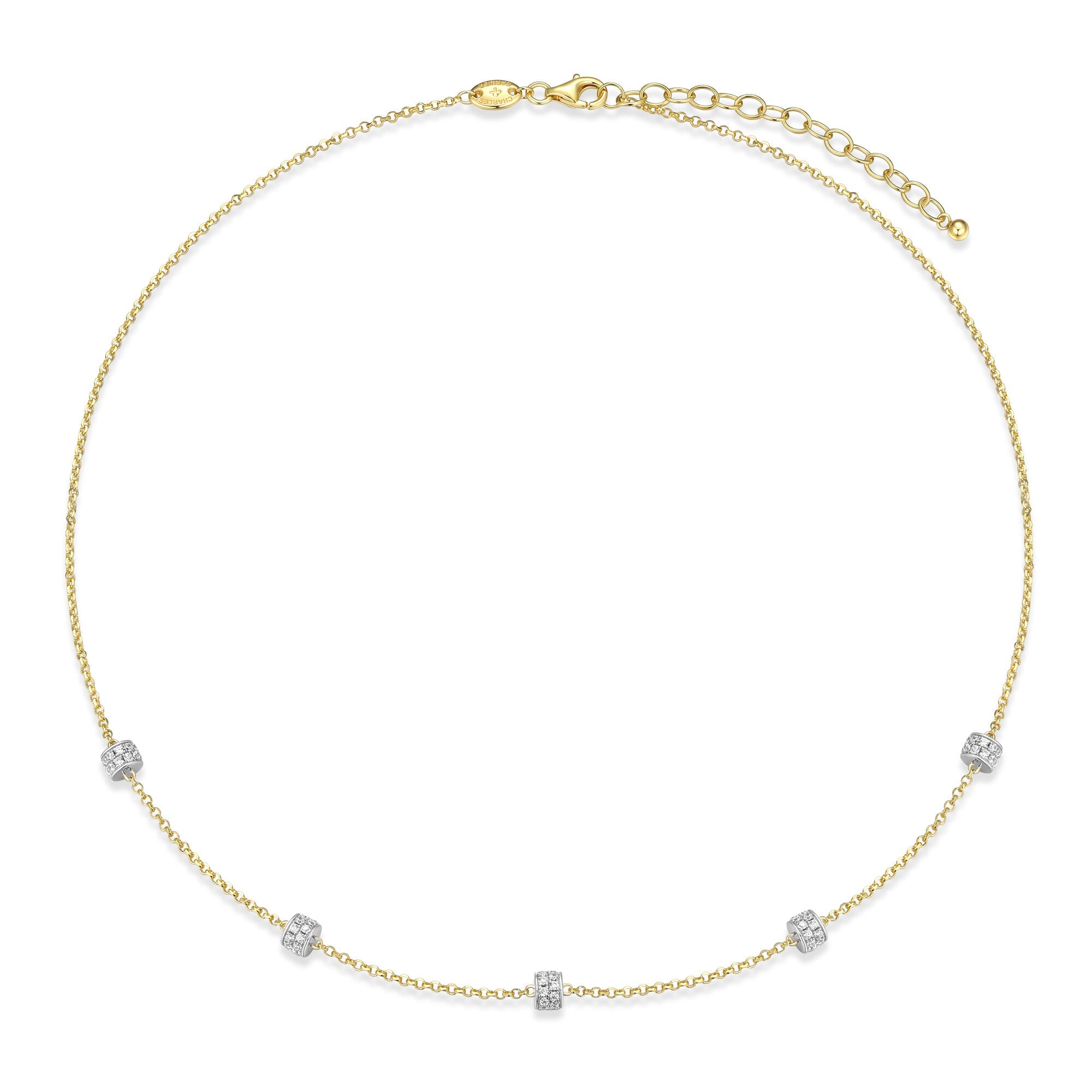 Sterling Silver Yellow Gold And Rhodium Plated Necklace With White Cz 1.55Mm Faceted Rolo Chain 17" Ext 2"