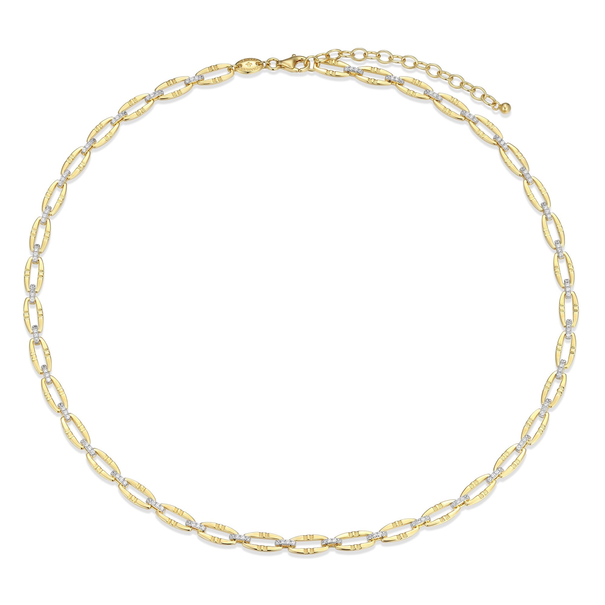 Sterling Silver Yellow Gold And Rhodium Plated Necklace With White Cz 17" Ext 2"