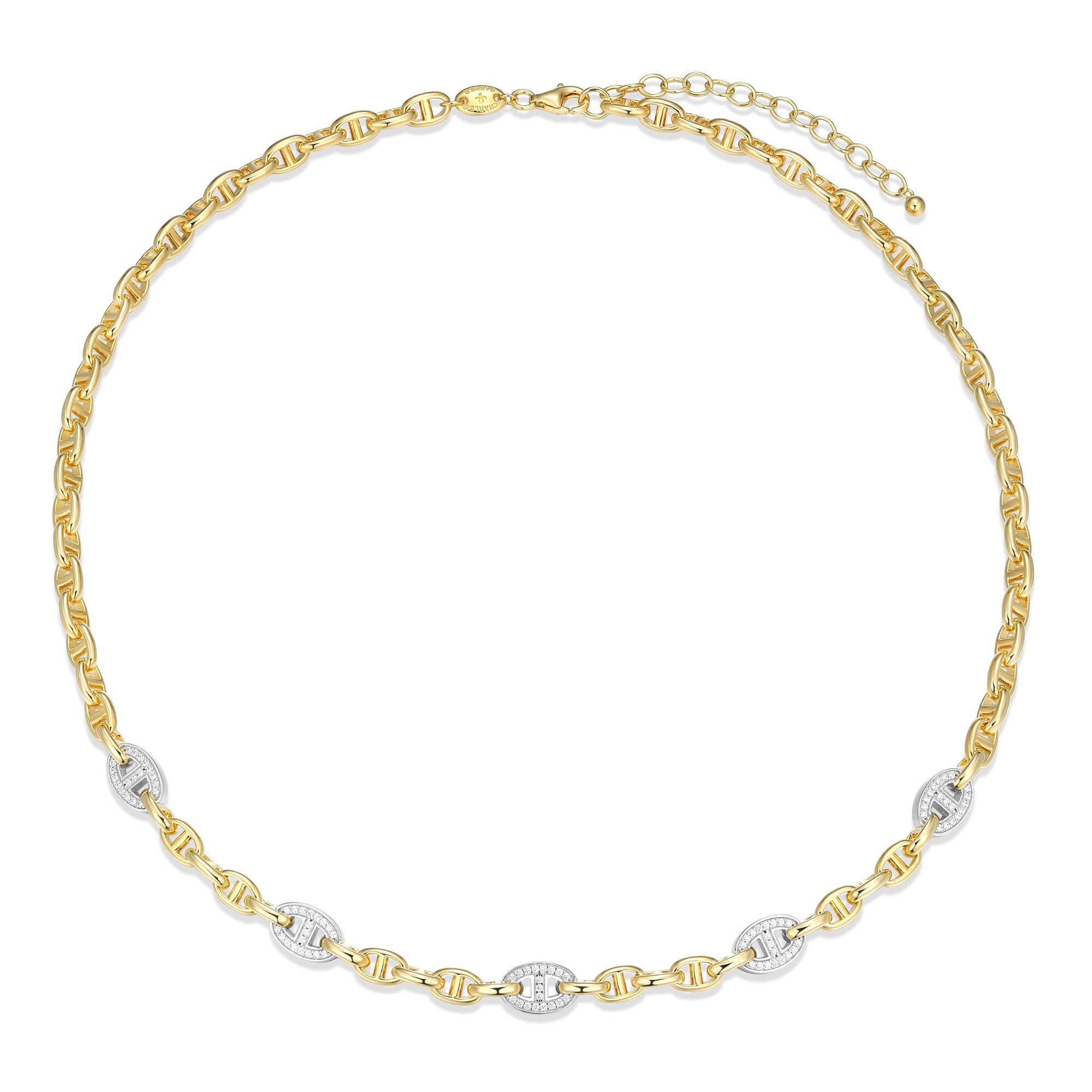 Sterling Silver Yellow Gold And Rhodium Plated Necklace With White Cz 1.7*5*7.6Mm Marina Cable Chain 17" Ext 2"