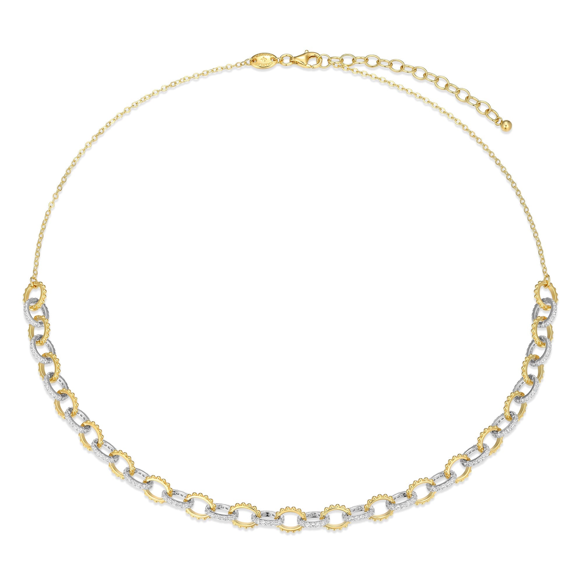 Sterling Silver Yellow Gold And Rhodium Plated Necklace With White Cz Size1218F Cable Chain 17" Ext 2"