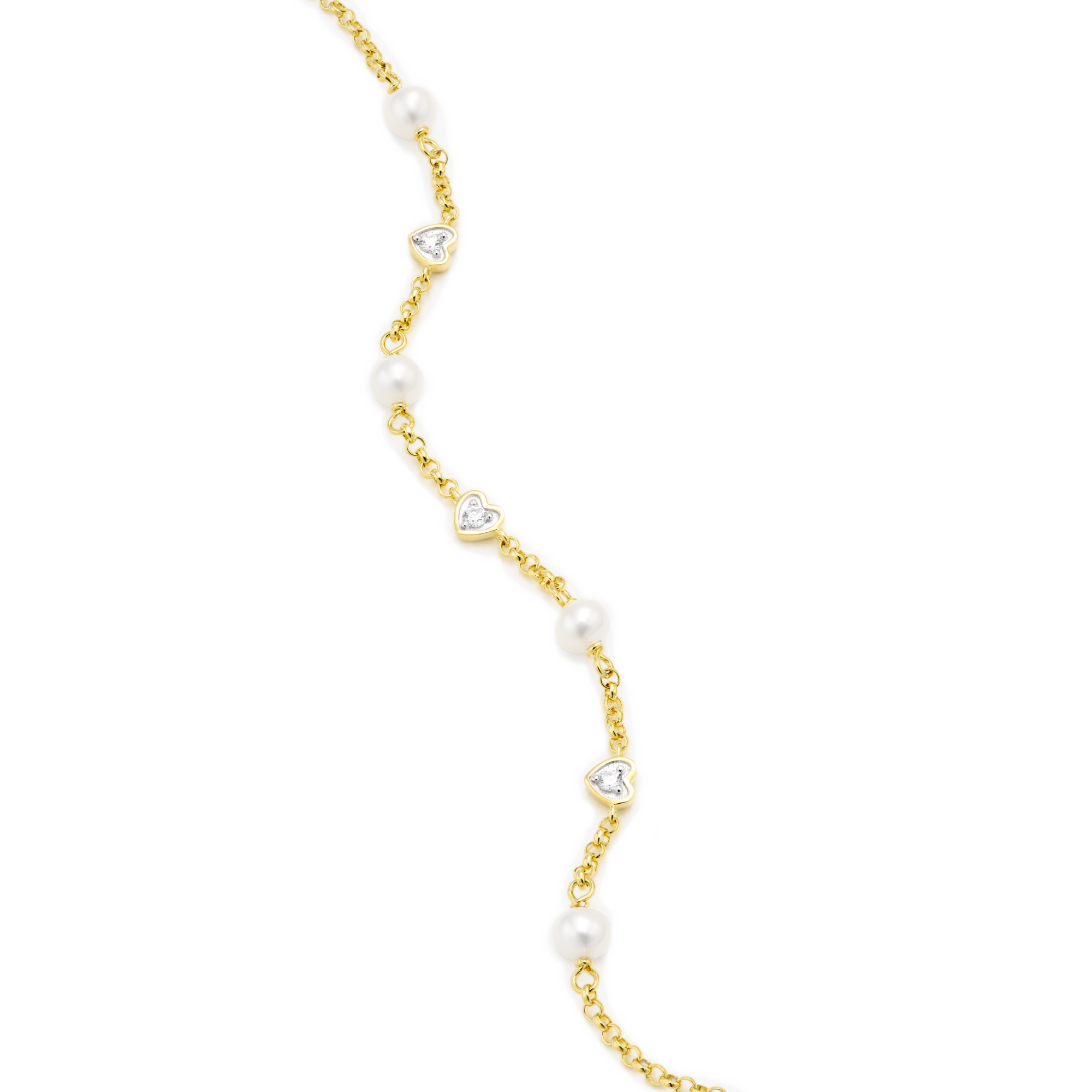 BB0150Y - Hearts & Pearls Station Bolo Bracelet in 14K Gold-Plated Sterling Silver