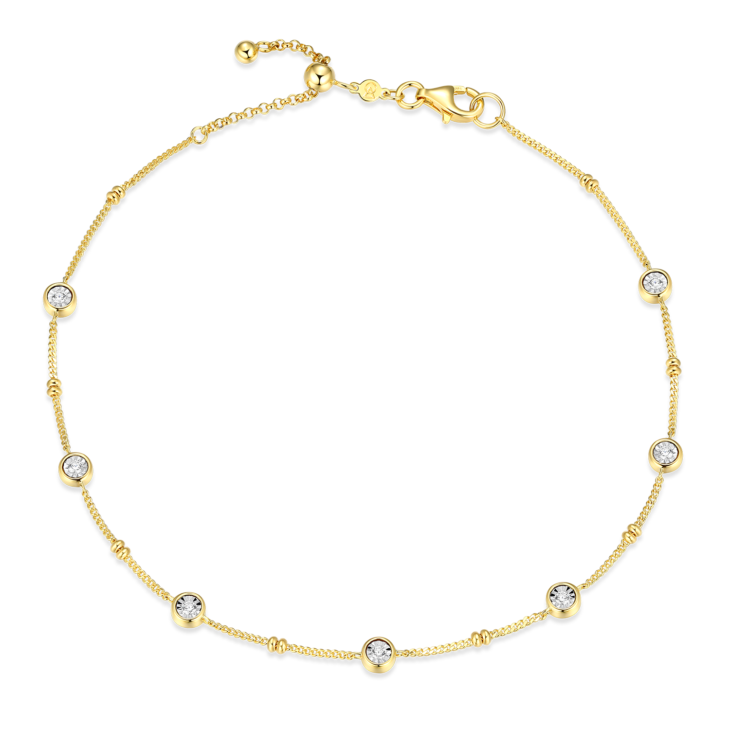 BA0218Y - Bezel Station Lab-Created Diamond Beaded Bolo Anklet in 14K Yellow Gold-Plated Sterling Silver