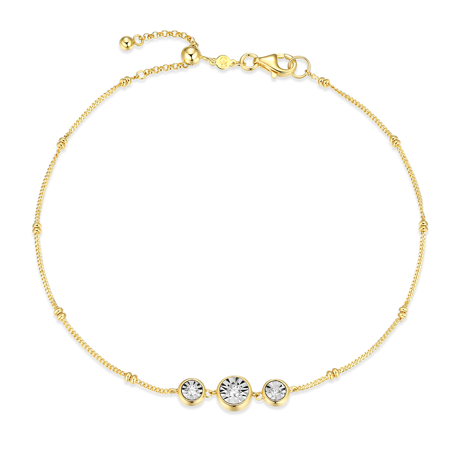 BA0219Y - Trio Bezel-Set Lab-Created Diamond Beaded Bolo Anklet in 14K Yellow Gold-Plated Sterling Silver