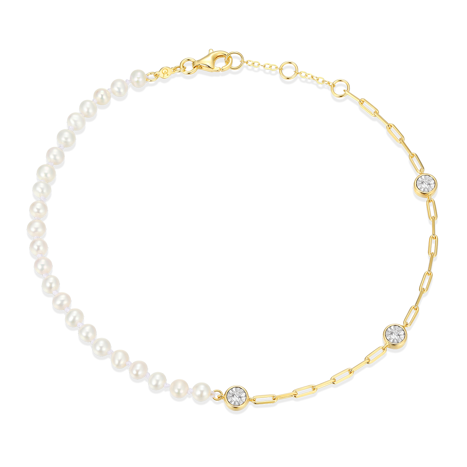 BA0235Y - Freshwater Baby Pearl & Lab-Created Diamond Station Paperclip Anklet in 14K Yellow Gold-Plated Sterling Silver