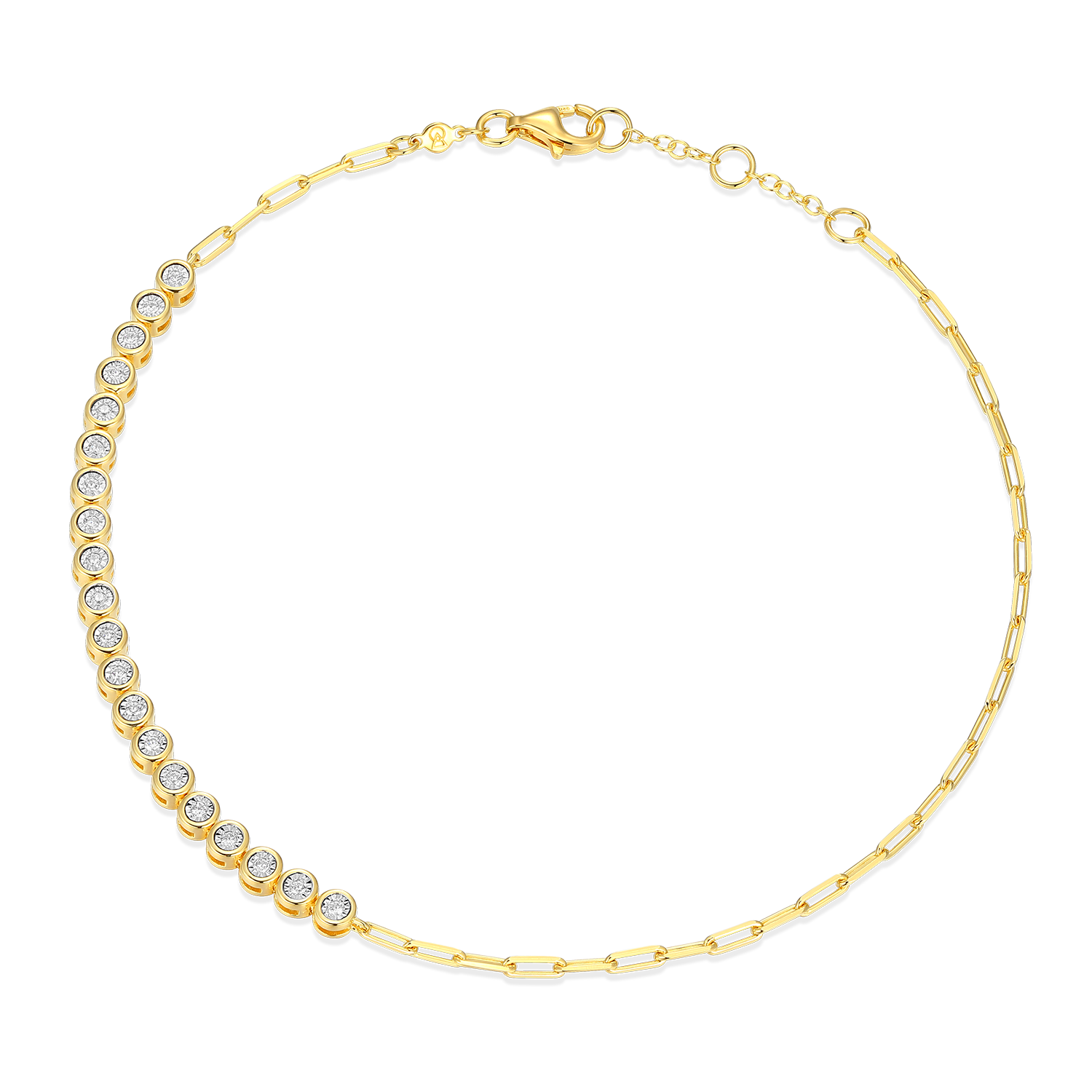BA0239Y - Mini Paperclip Chain & Bezel-Set Lab-Created Diamond Anklet in 14K Yellow Gold-Plated Sterling Silver