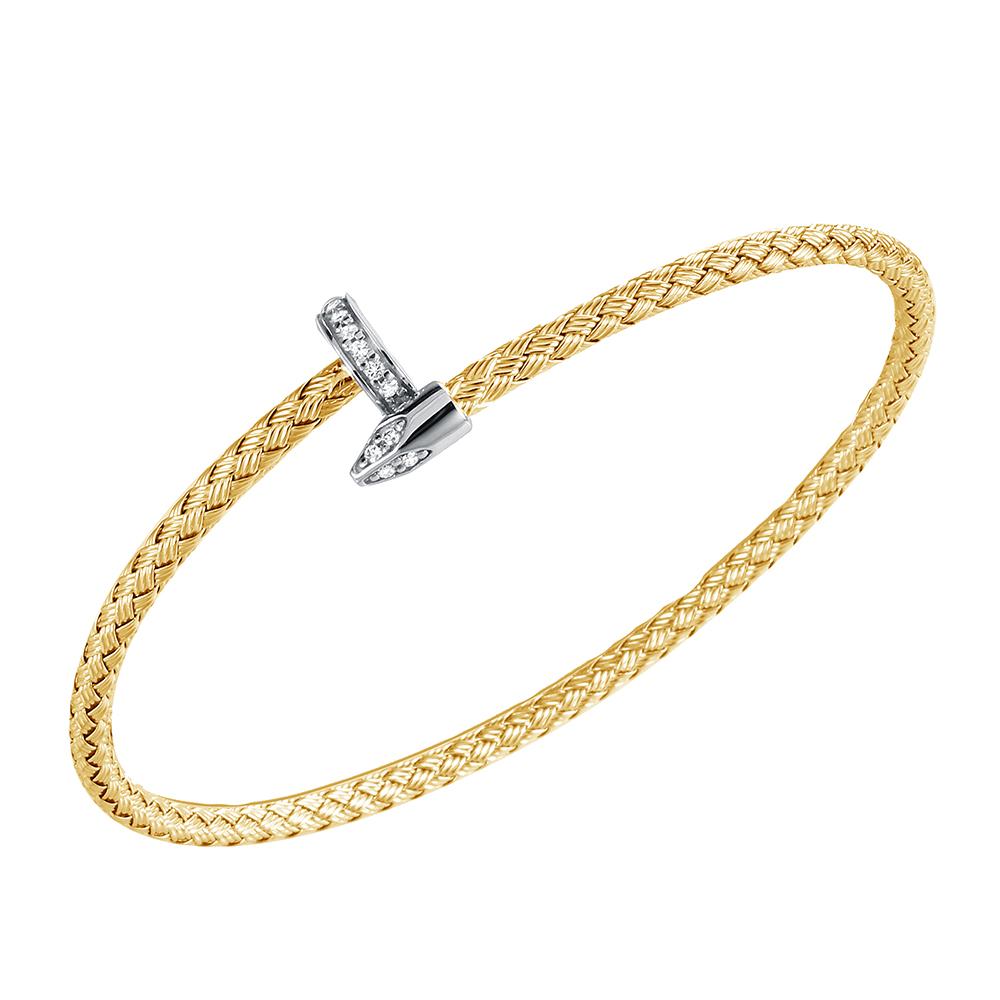 Sterling Silver 3Mm Mesh Cuff With Cz, 2 Tone, 18K Yellow Gold And Rhodium Finish