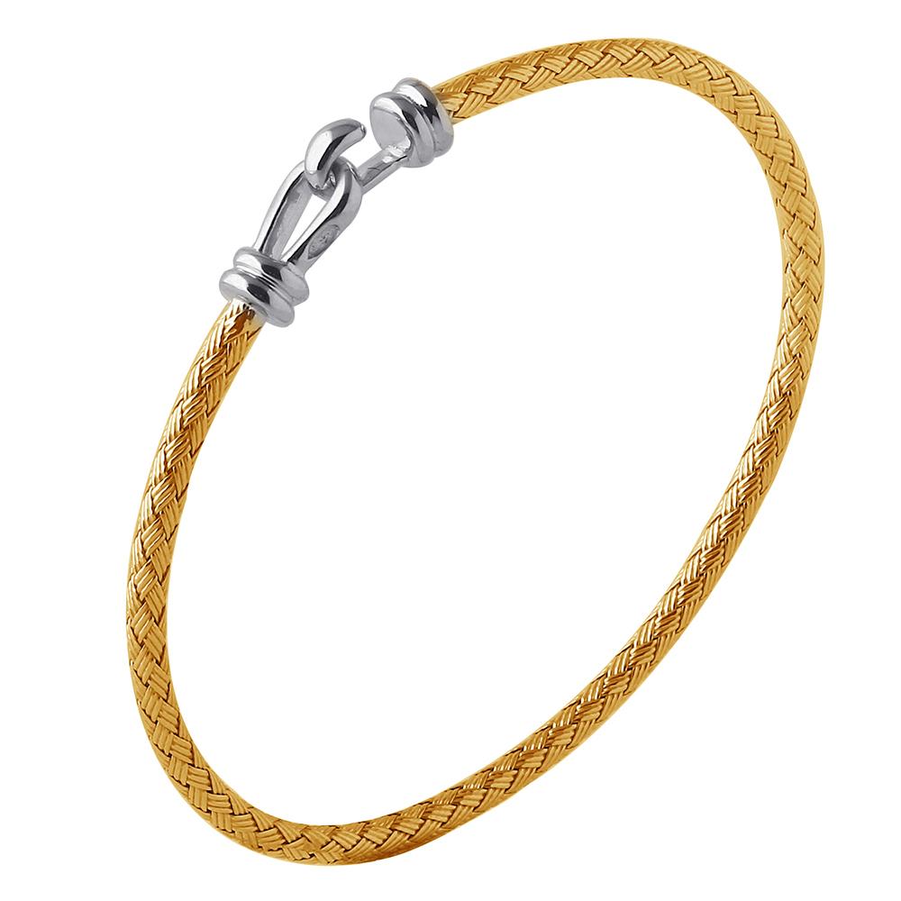 Sterling Silver 3Mm Mesh Bangle, 2 Tone, 18K Yellow Gold And Rhodium Finish