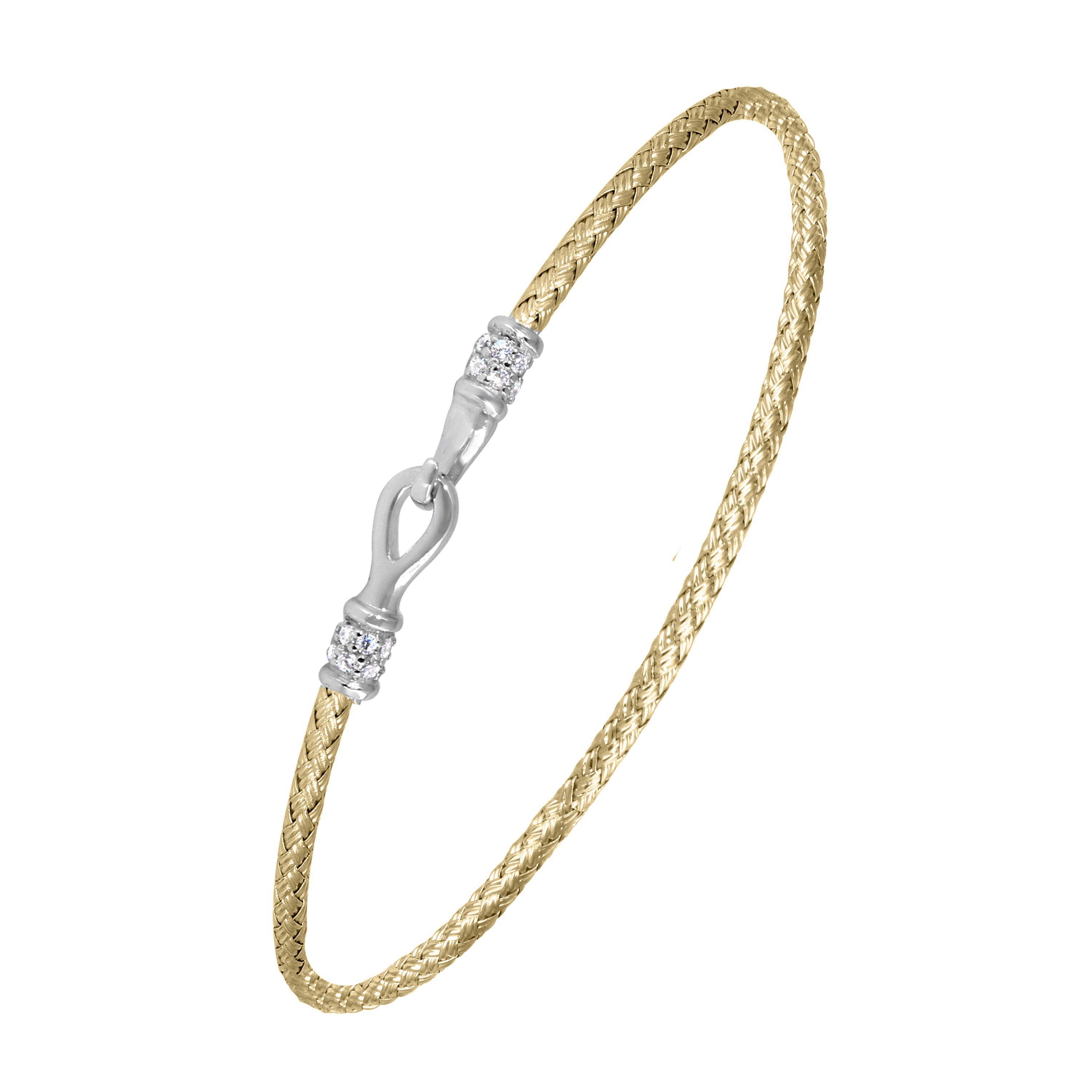 Sterling Silver 2Mm Mesh Bangle With Cz, 2 Tone, 18K Yellow Gold And Rhodium Finish