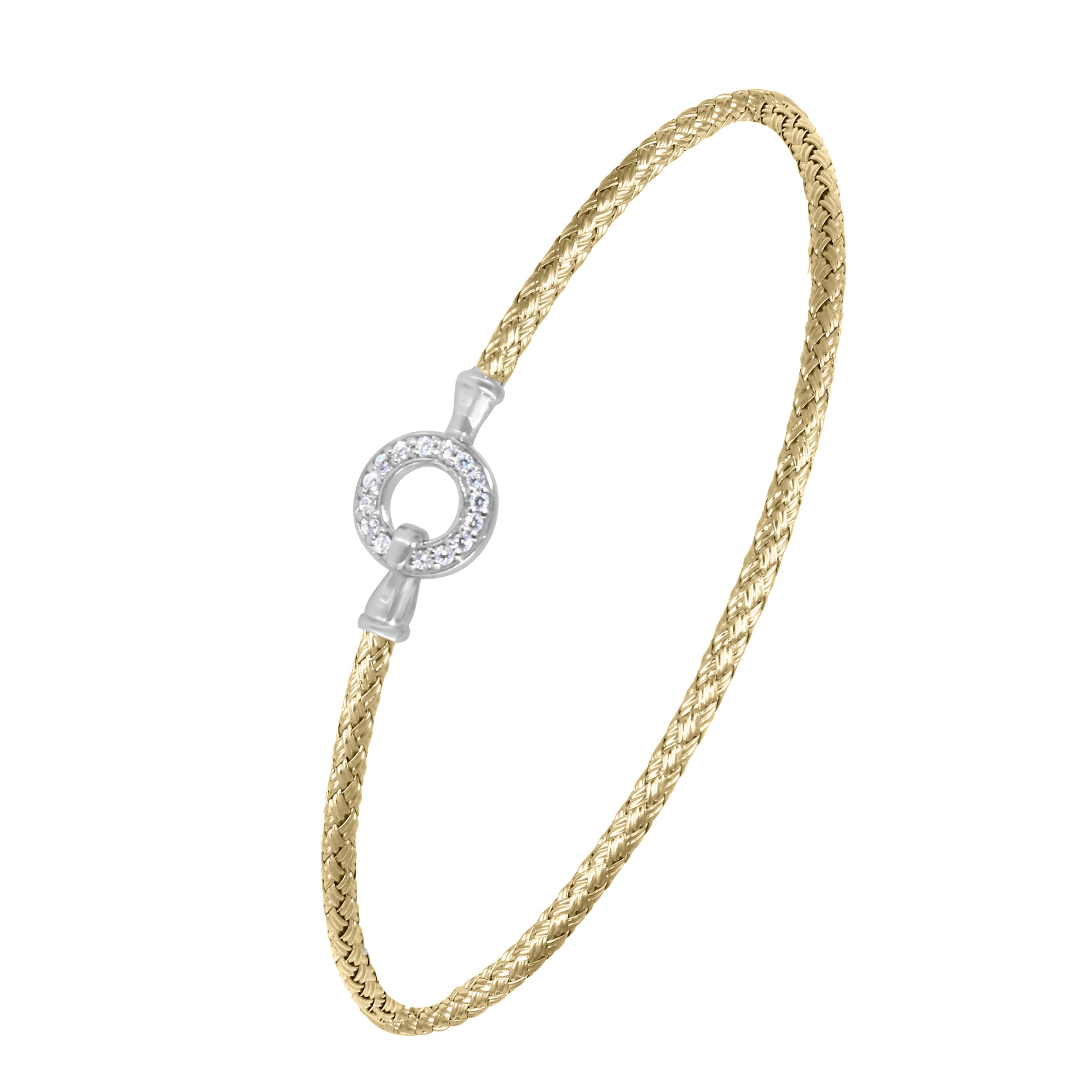 Sterling Silver 2Mm Mesh Bangle With Cz, 2 Tone, 18K Yellow Gold And Rhodium Finish