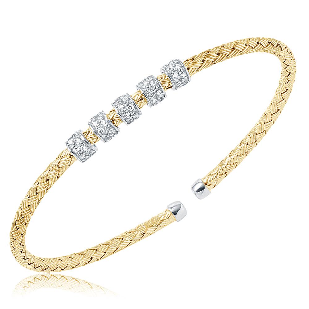 Sterling Silver 3Mm Mesh Cuff With Cz, 2 Tone, 18K Yellow Gold And Rhodium Finish