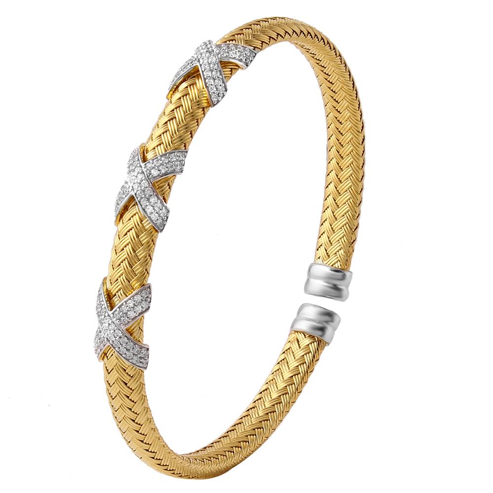 Sterling Silver 6Mm Mesh Cuff With Cz, 2 Tone, 18K Yellow Gold And Rhodium Finish