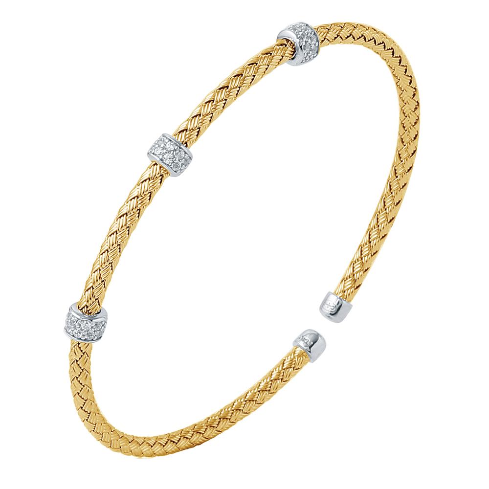 Sterling Silver 3Mm Mesh Cuff With Cz, 2 Tone, 18K Yellow Gold And Rhodium Finish