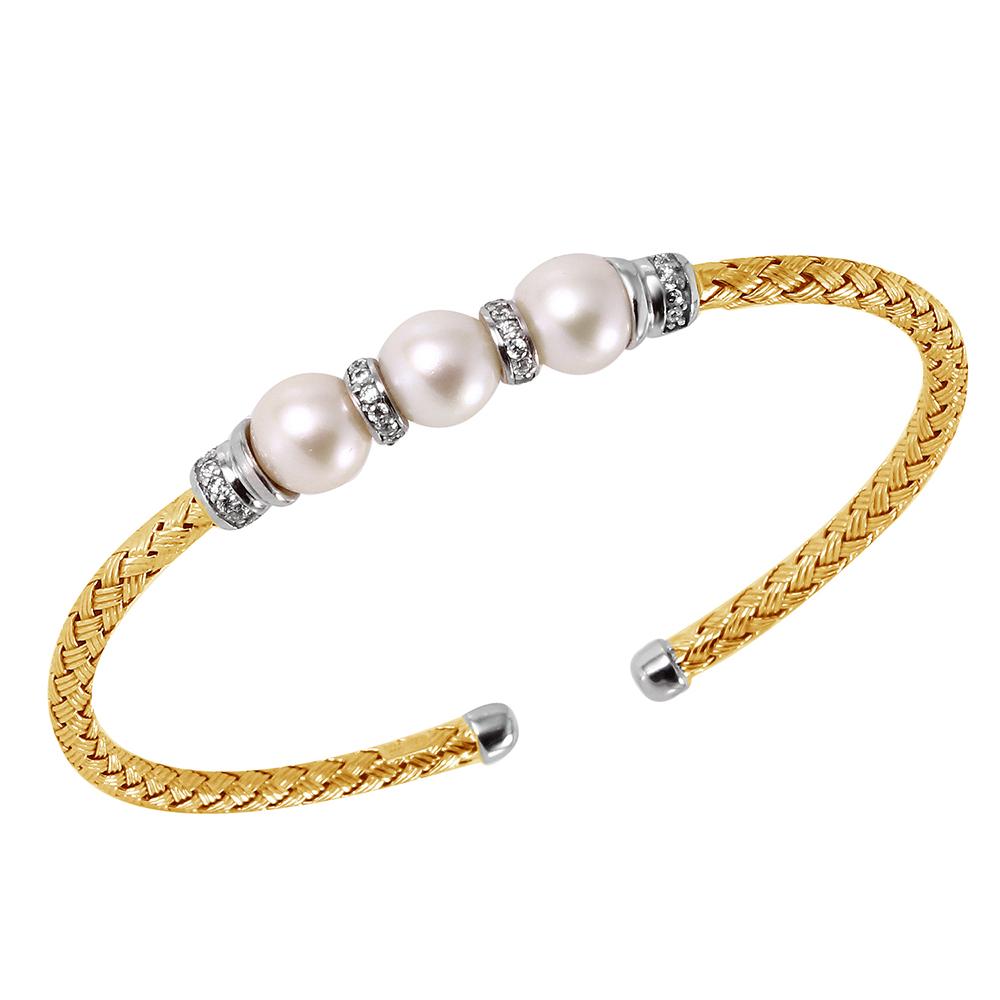 Sterling Silver 3Mm Mesh Cuff With Freshwater Pearl And Cz, 2 Tone, 18K Yellow Gold And Rhodium Finish