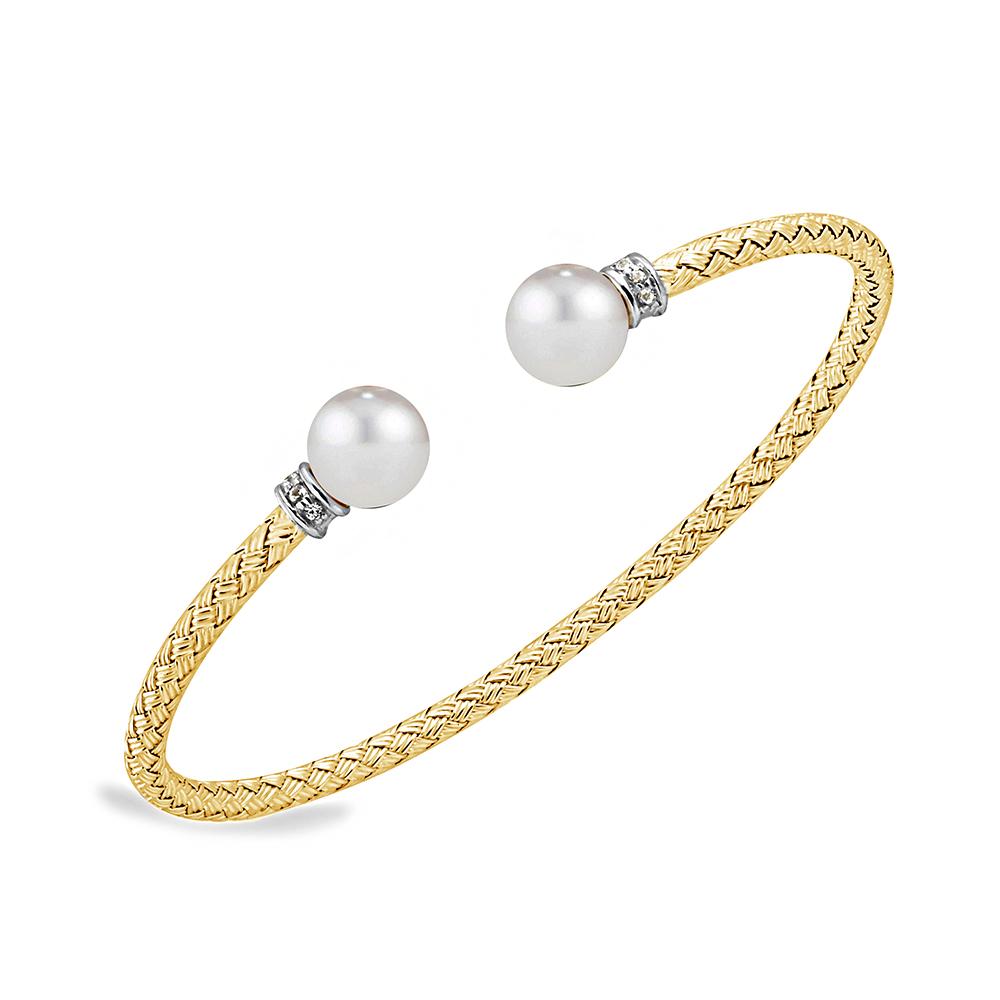 Sterling Silver 3Mm Mesh Cuff With Freshwater Pearl And Cz, 2 Tone, 18K Yellow Gold And Rhodium Finish