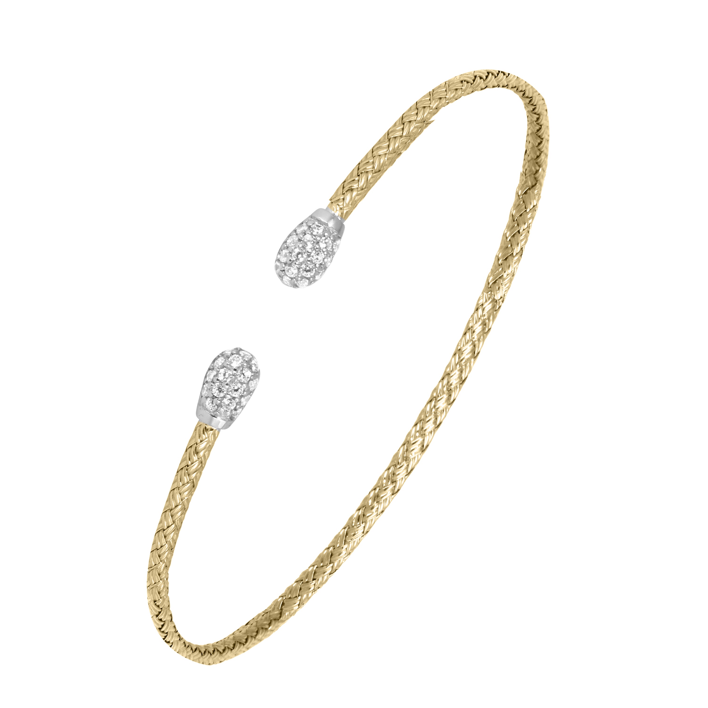 Sterling Silver 2Mm Mesh Cuff With Cz, 2 Tone, 18K Yellow Gold And Rhodium Finish