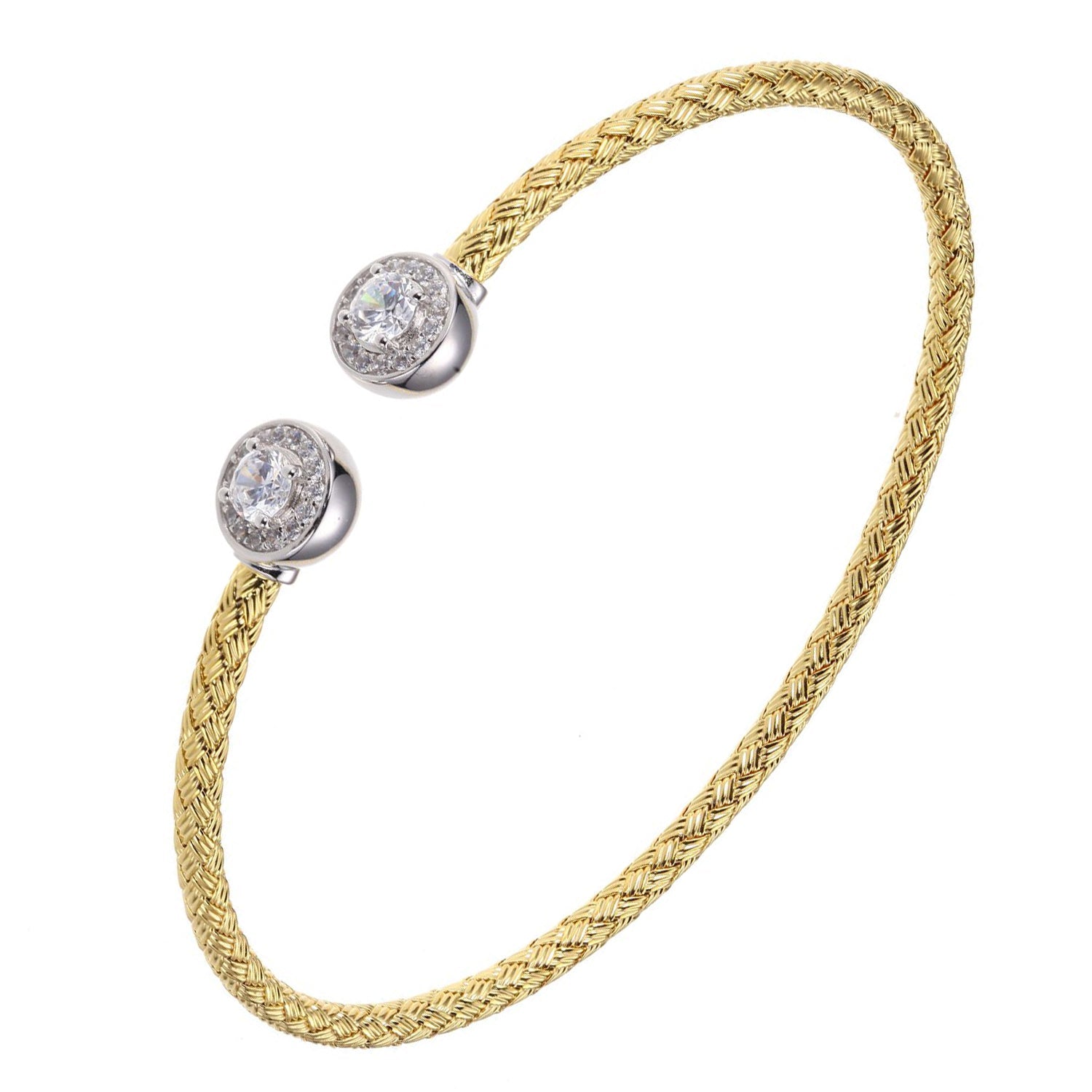 Sterling Silver 3Mm Mesh Cuff With Cz, 2 Tone, 18K Yellow Gold And Rhodium Finish