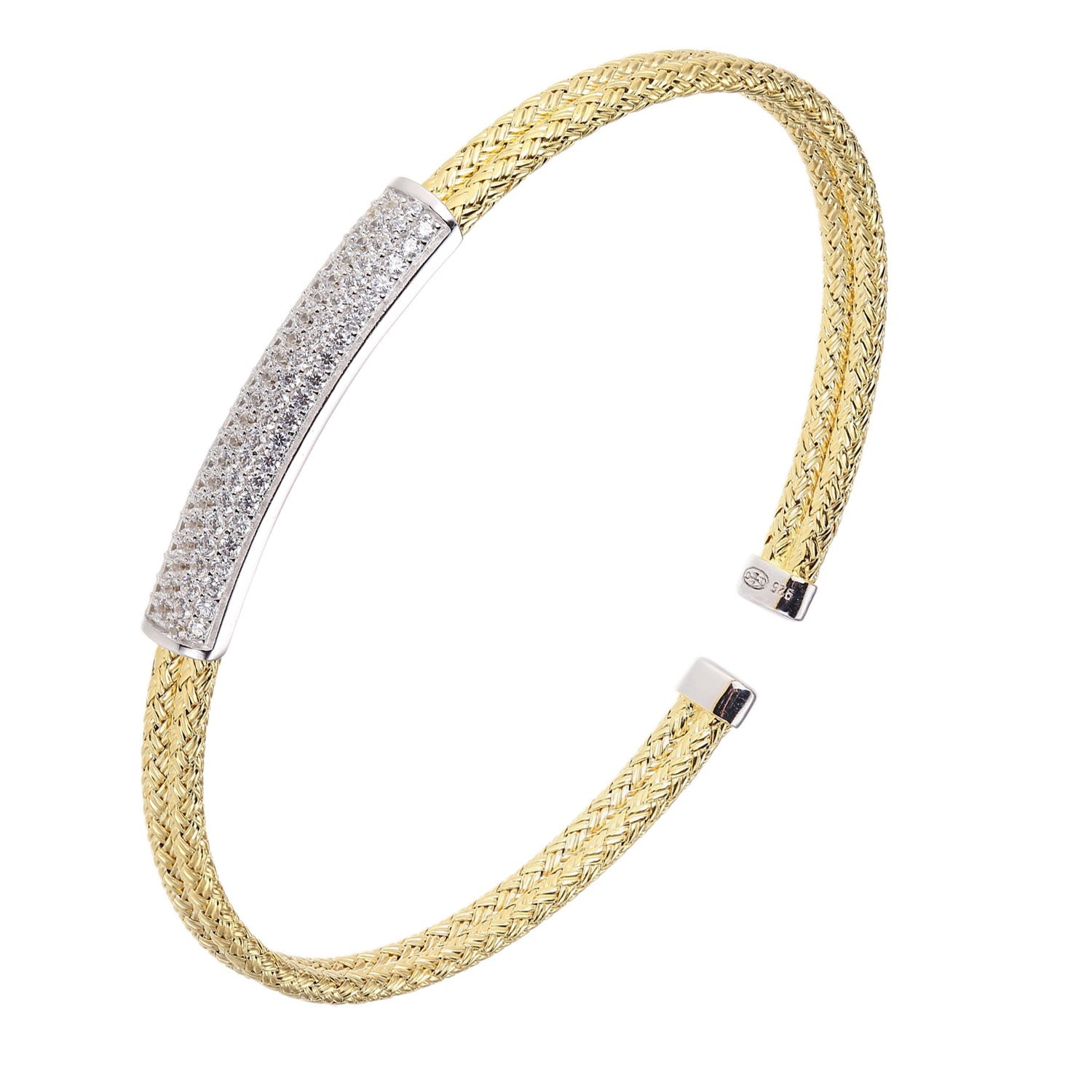 Sterling Silver Double 2Mm Mesh Cuff With Cz, 2 Tone, 18K Yellow Gold And Rhodium Finish