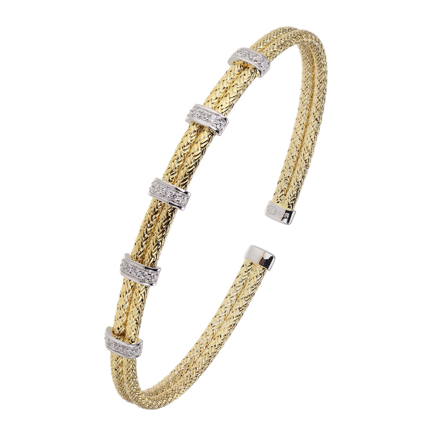 Sterling Silver Double 2Mm Mesh Cuff With Cz, 2 Tone, 18K Yellow Gold And Rhodium Finish
