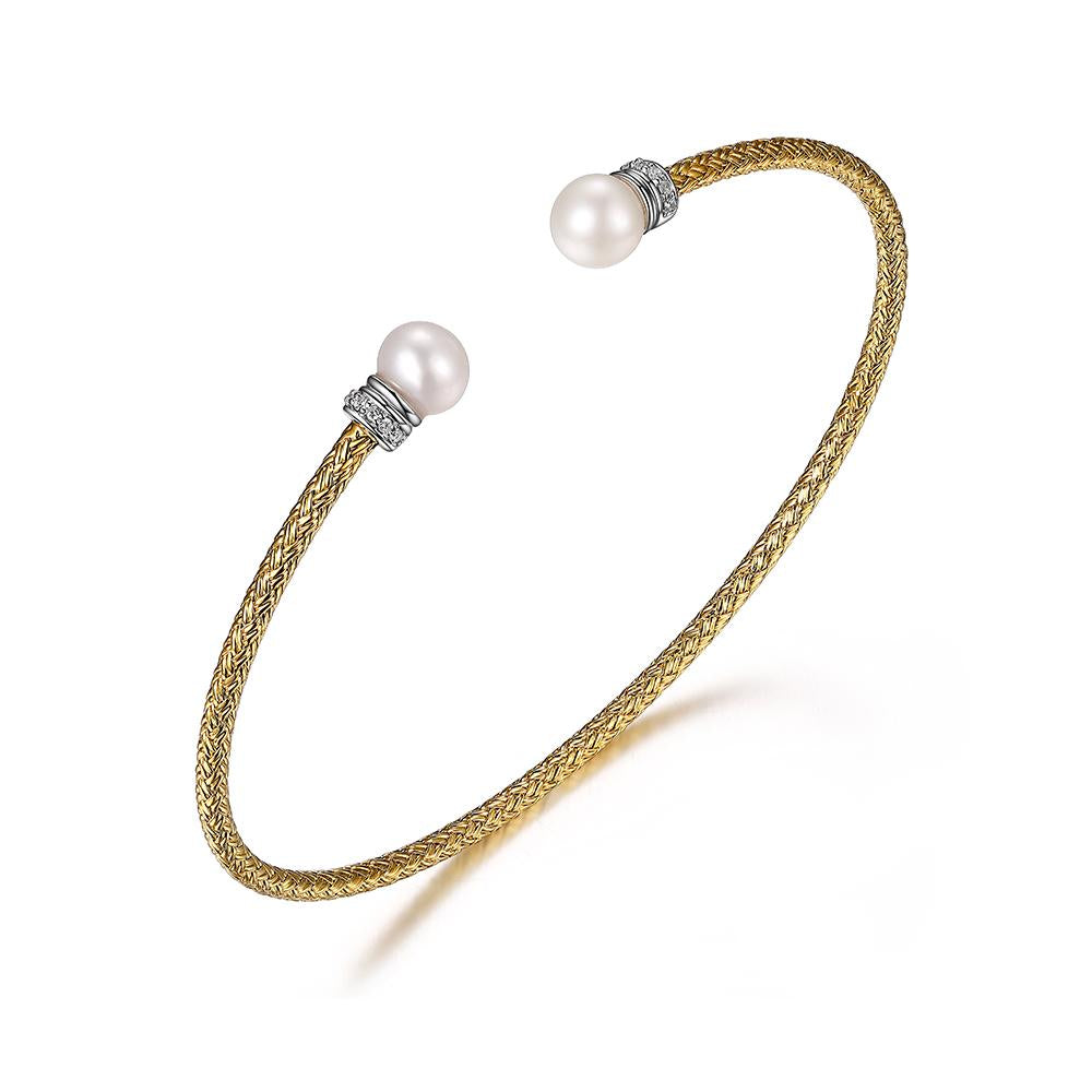 Sterling Silver 2Mm Mesh Cuff With Freshwater Pearl And Cz, 2 Tone, 18K Yellow Gold And Rhodium Finish