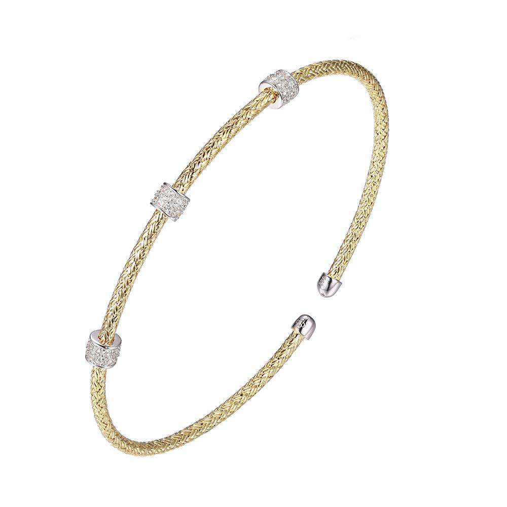 Sterling Silver 2Mm Mesh Cuff With Cz, 2 Tone, 18K Yellow Gold And Rhodium Finish