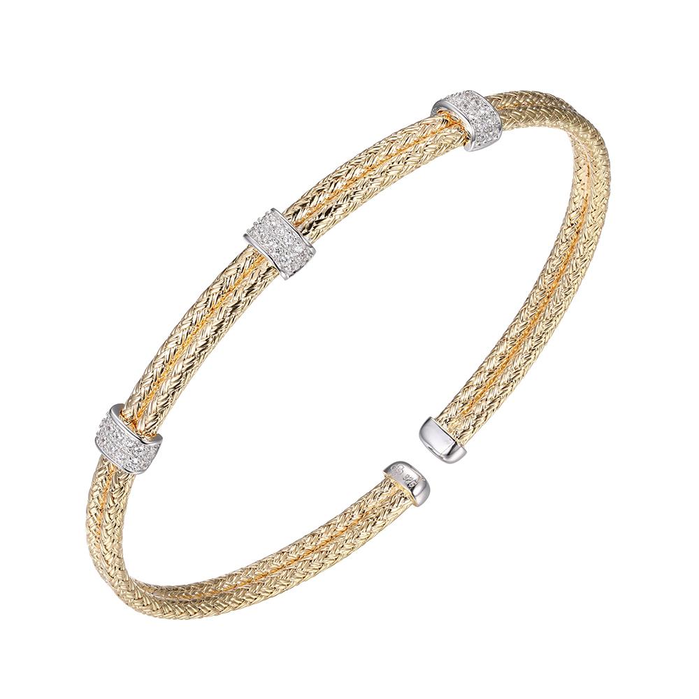 Sterling Silver Double 2Mm Mesh Cuff With Cz, 2 Tone, 18K Yellow Gold And Rhodium Finish