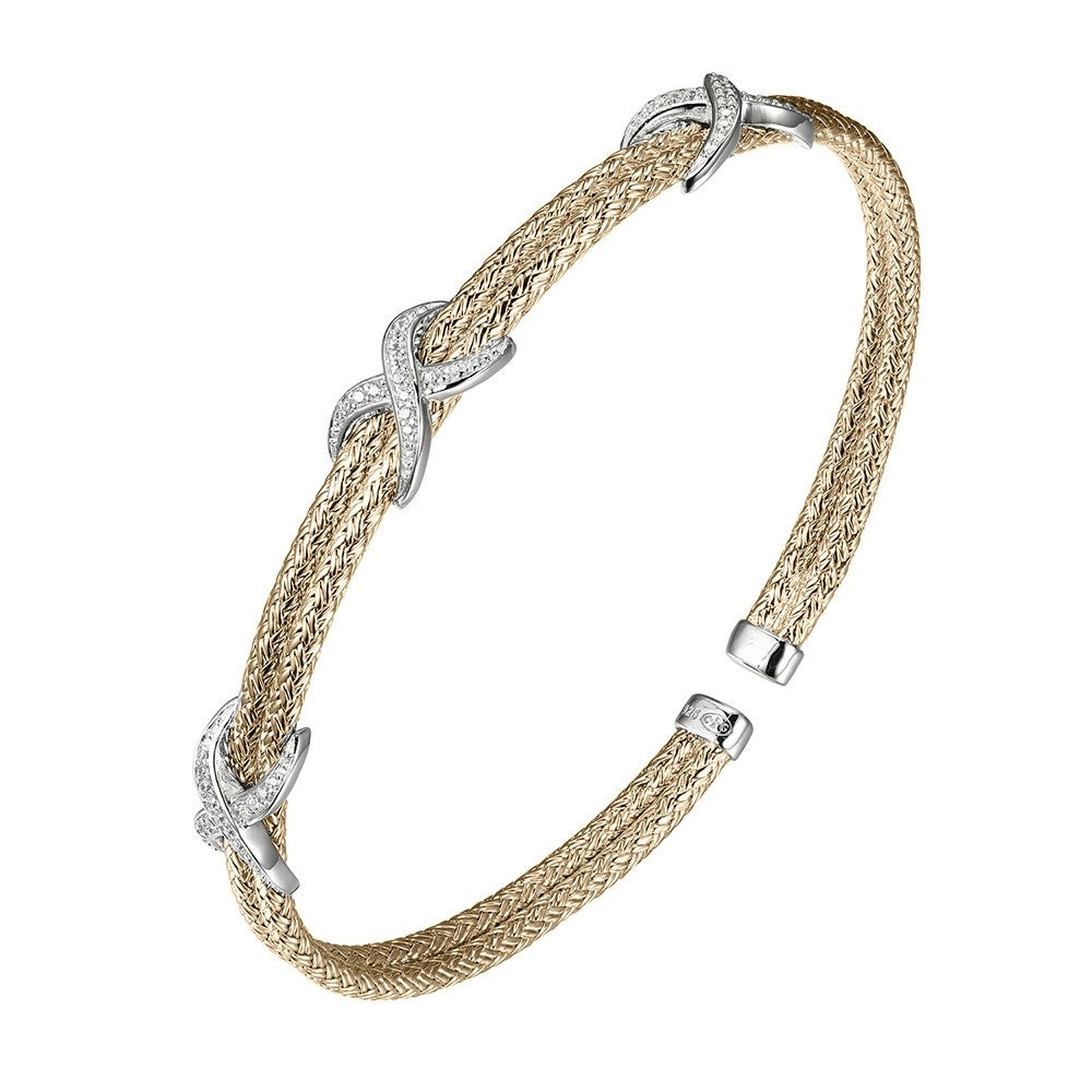 Sterling Silver Double 2Mm Mesh Cuff With Cz, 2 Tone 18K Yellow Gold  And Rhodium Finish
