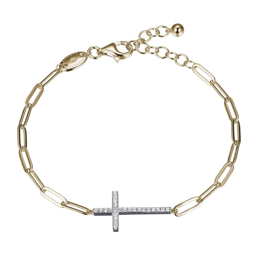 Sterling Silver Bracelet Made With Paperclip Chain (3Mm) And Cz Cross In Center, Measures 6.75" Long, Plus 1.25" Extender For Adjustable Length, 2 Tone, 18K Yellow Gold And Rhodium Finish