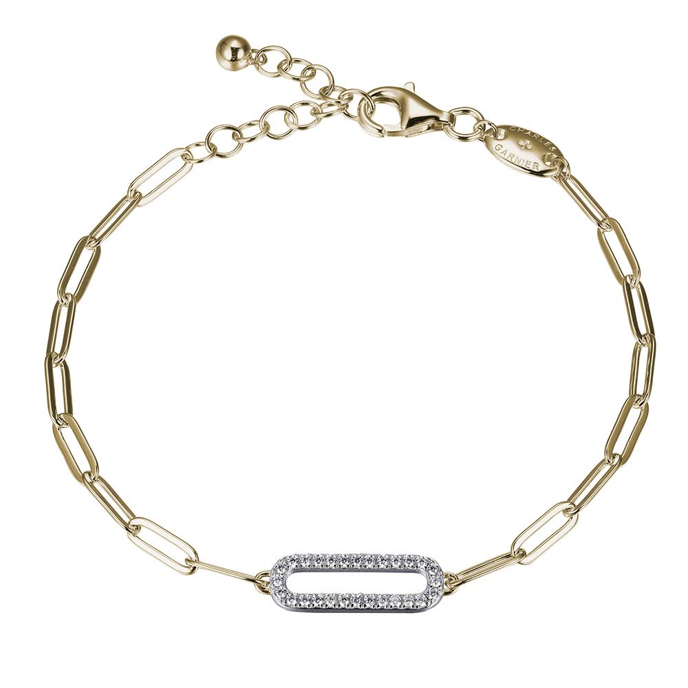Sterling Silver Bracelet Made With Paperclip Chain (3Mm) And Cz Link (18X6Mm) In Center, Measures 6.75" Long, Plus 1.25" Extender For Adjustable Length, 2 Tone, 18K Yellow Gold And Rhodium Finish