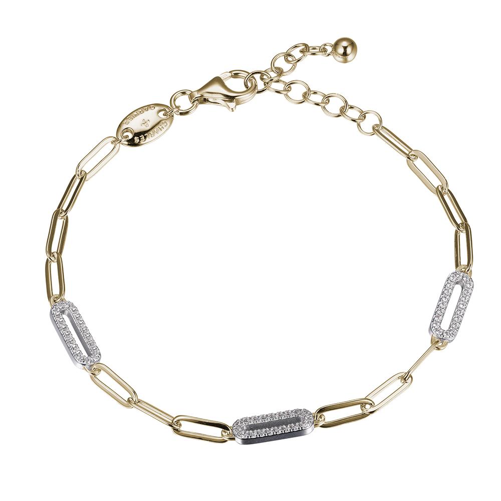 Sterling Silver Bracelet Made With Paperclip Chain (3Mm) And 3 Cz Link (12X4Mm) Stations, Measures 6.75" Long, Plus 1.25" Extender For Adjustable Length, 2 Tone, 18K Yellow Gold And Rhodium Finish