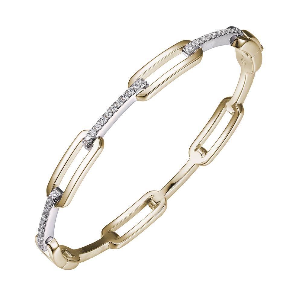 Sterling Silver Bangle With Cz, 2 Tone, 18K Yellow Gold And Rhodium Finish