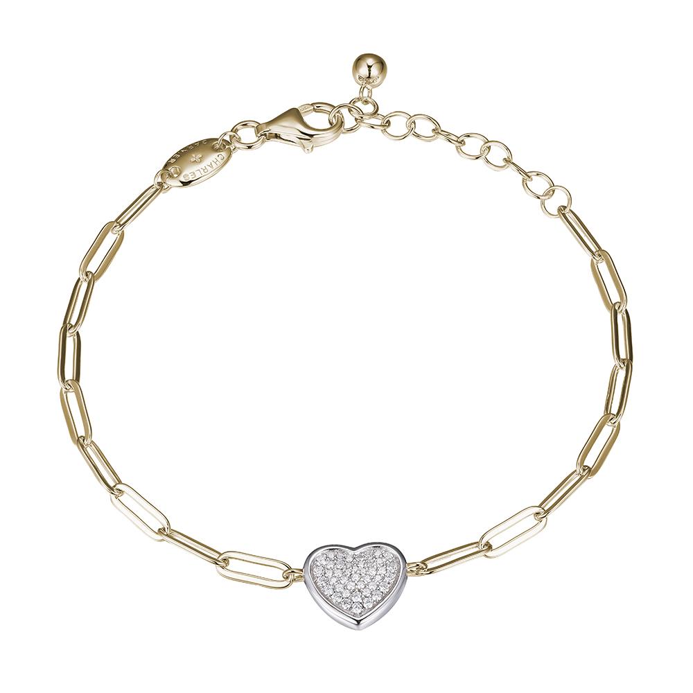 Sterling Silver Bracelet Made With Paperclip Chain (3Mm) And Pave Cz Heart (12Mm) In Center, Measures 6.75" Long, Plus 1.25" Extender For Adjustable Length, 2 Tone, 18K Yellow Gold And Rhodium Finish