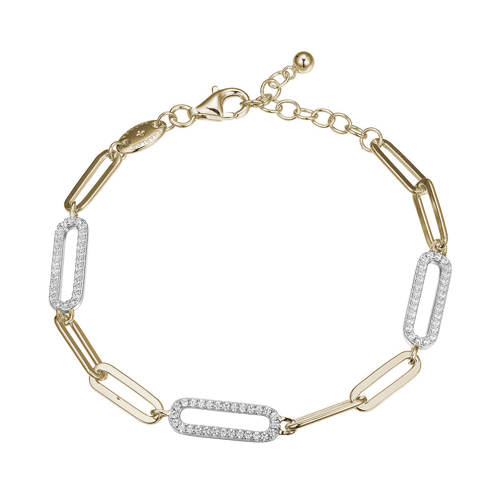 Sterling Silver Bracelet Made With Paperclip Chain (5Mm) And 3 Cz Link (18X6Mm) Stations, Measures 6.75" Long, Plus 1.25" Extender For Adjustable Length, 2 Tone, 18K Yellow Gold And Rhodium Finish