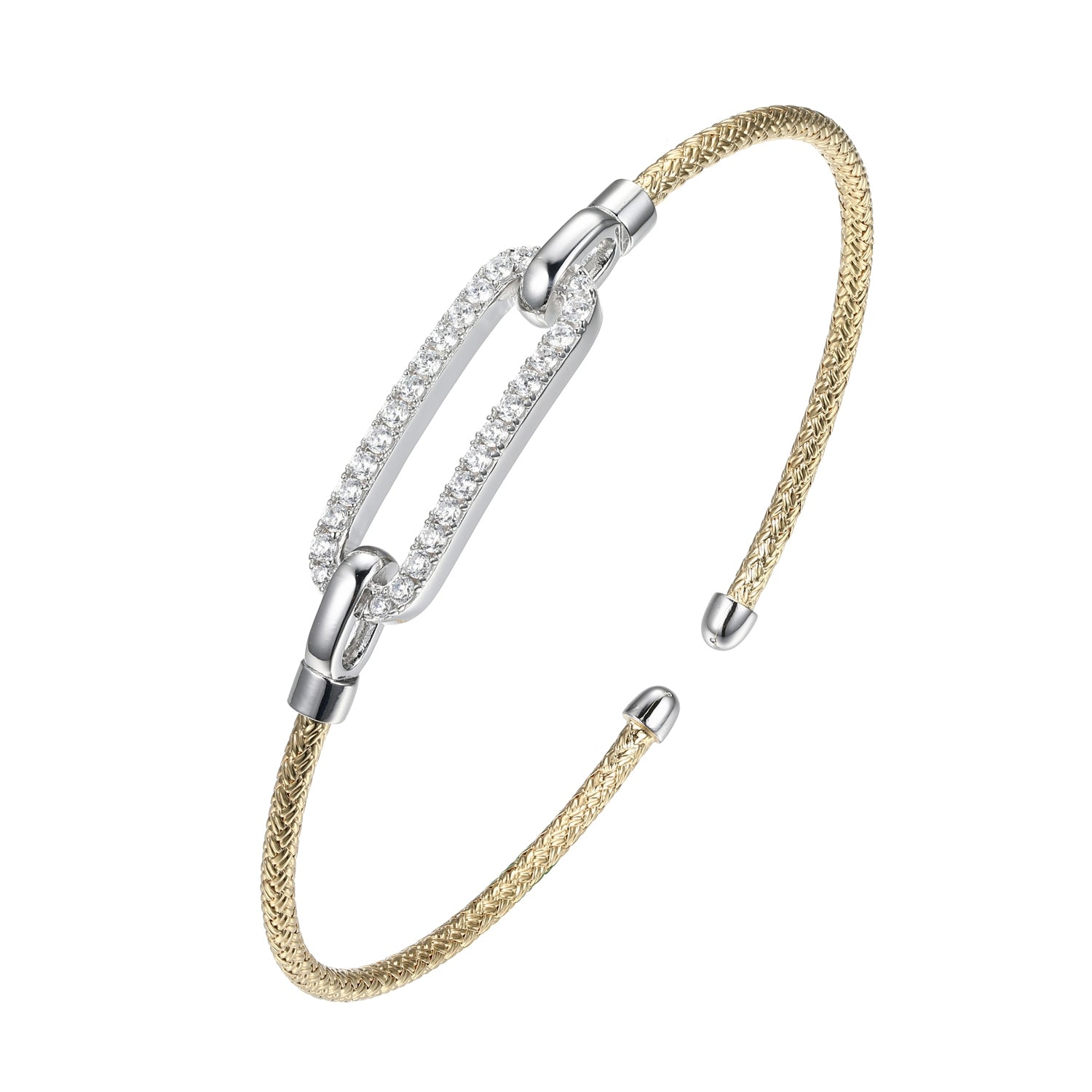 Sterling Silver 2Mm Mesh Cuff With Cz Link (24X8Mm) In Center, 2 Tone, 18K Yellow Gold And Rhodium Finish