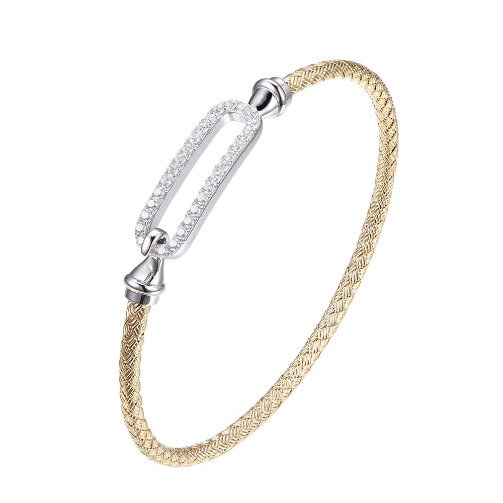 Sterling Silver 3Mm Mesh Hook Bangle With Cz Link (24X8Mm) In Center, 2 Tone, 18K Yellow Gold And Rhodium Finish