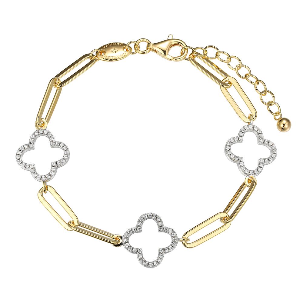 Sterling Silver Bracelet Made With Paperclip Chain (5Mm) And 3 Cz Clover (14X14Mm) Stations, Measures 6.75" Long, Plus 1.25" Extender For Adjustable Length, 2 Tone, Yellow Gold And Rhodium Finish
