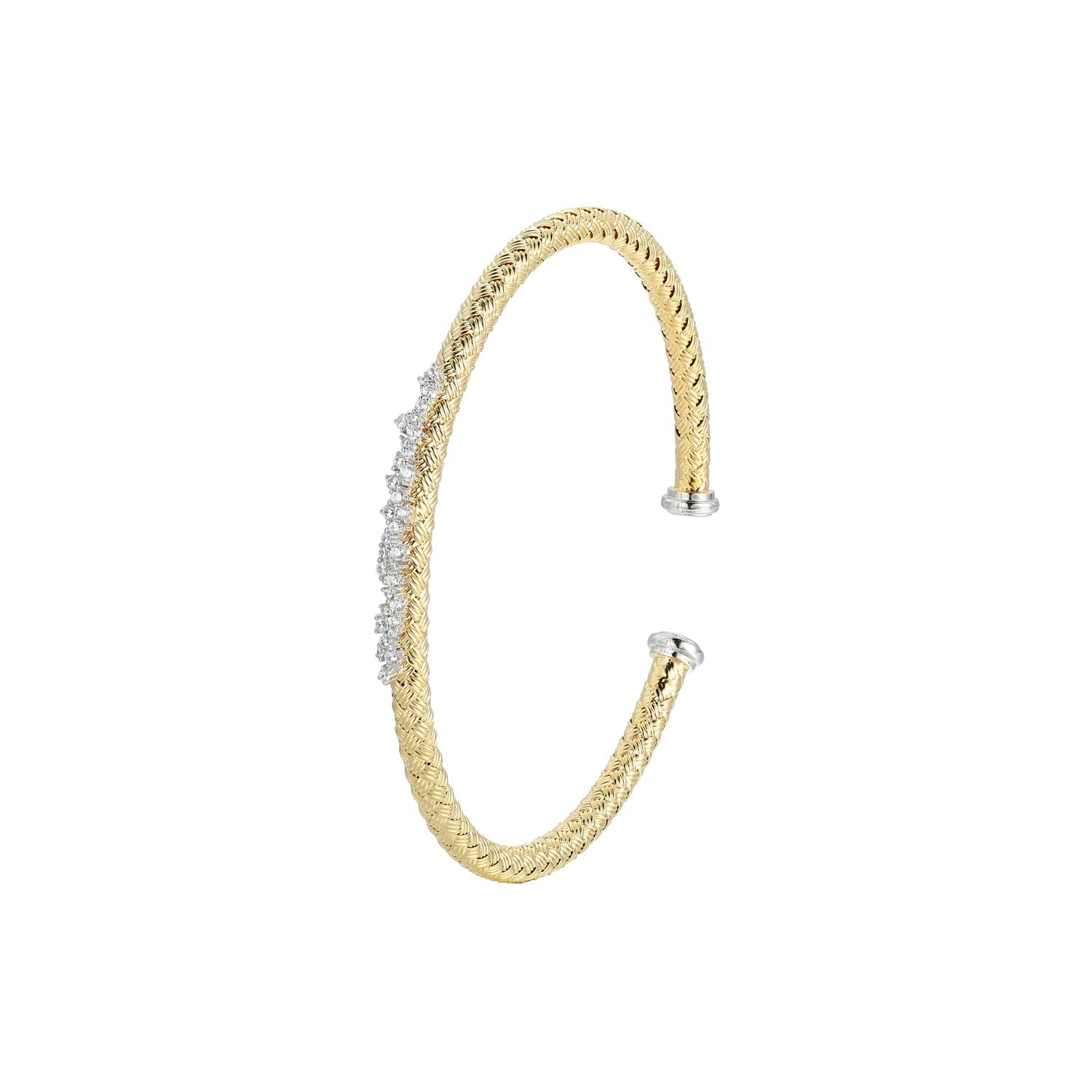 Sterling Silver Classic  Mesh And Cubic Zirconia Cuff Bangle Yellow Gold And Rhodium Finish Inner Circumference 6.75"