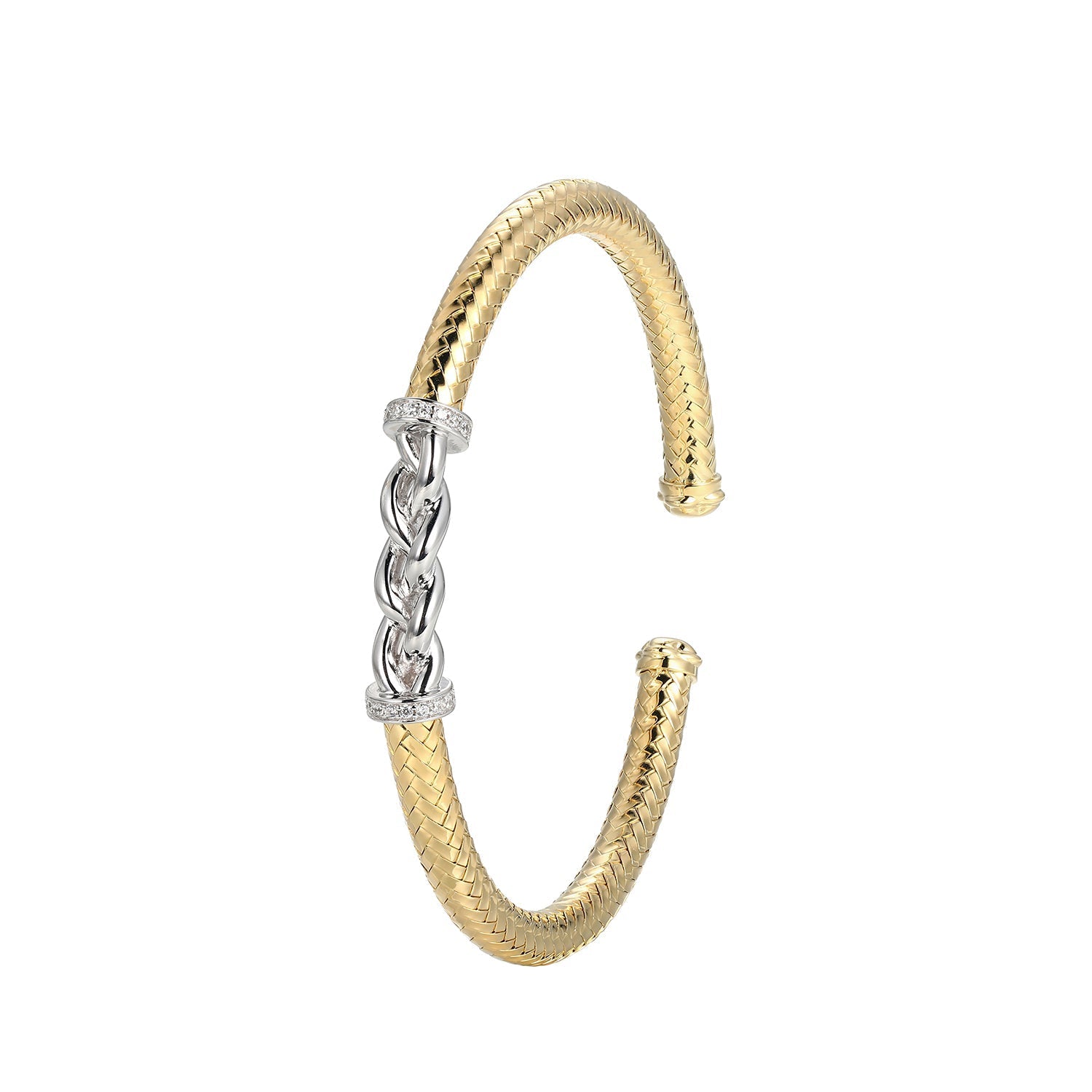 Sterling Silver New Mesh 2 Cubic Zirconia Cuff Bracelet Inner Circumference 6.75" Yellow Gold And Rhodium Finish