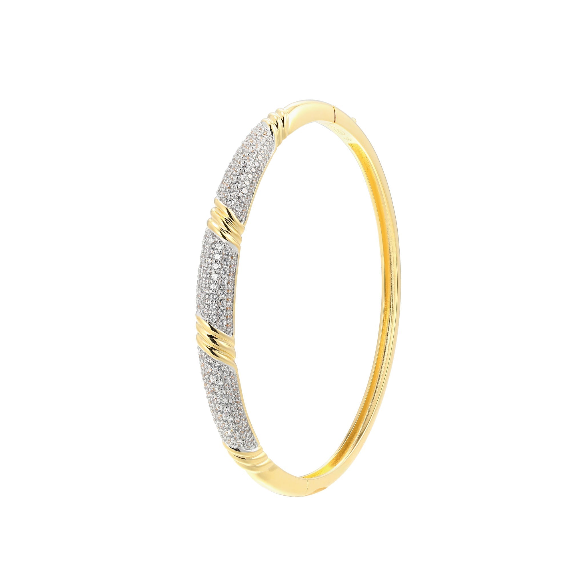 This Aurora Hinged Bangle Exemplifies Impeccable Parisian Fashion. High-Polished, Gold-Finished Sterling Silver Frames Three Pave-Set Cubic Zirconia Sections Separated By Delicate Swirls, Creating Elevated Prestige.