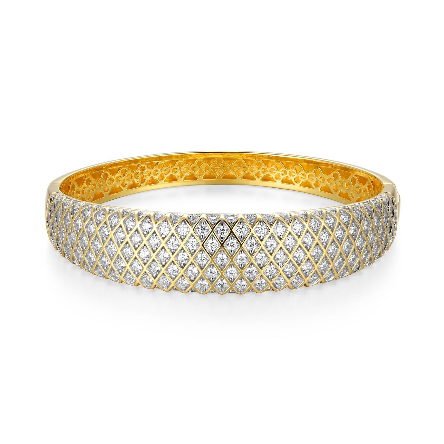 Sterling Silver Charles Garnier "quilted" Rhodium And Yellow Gold Plated Cz Bangle Bracelet 6.75"