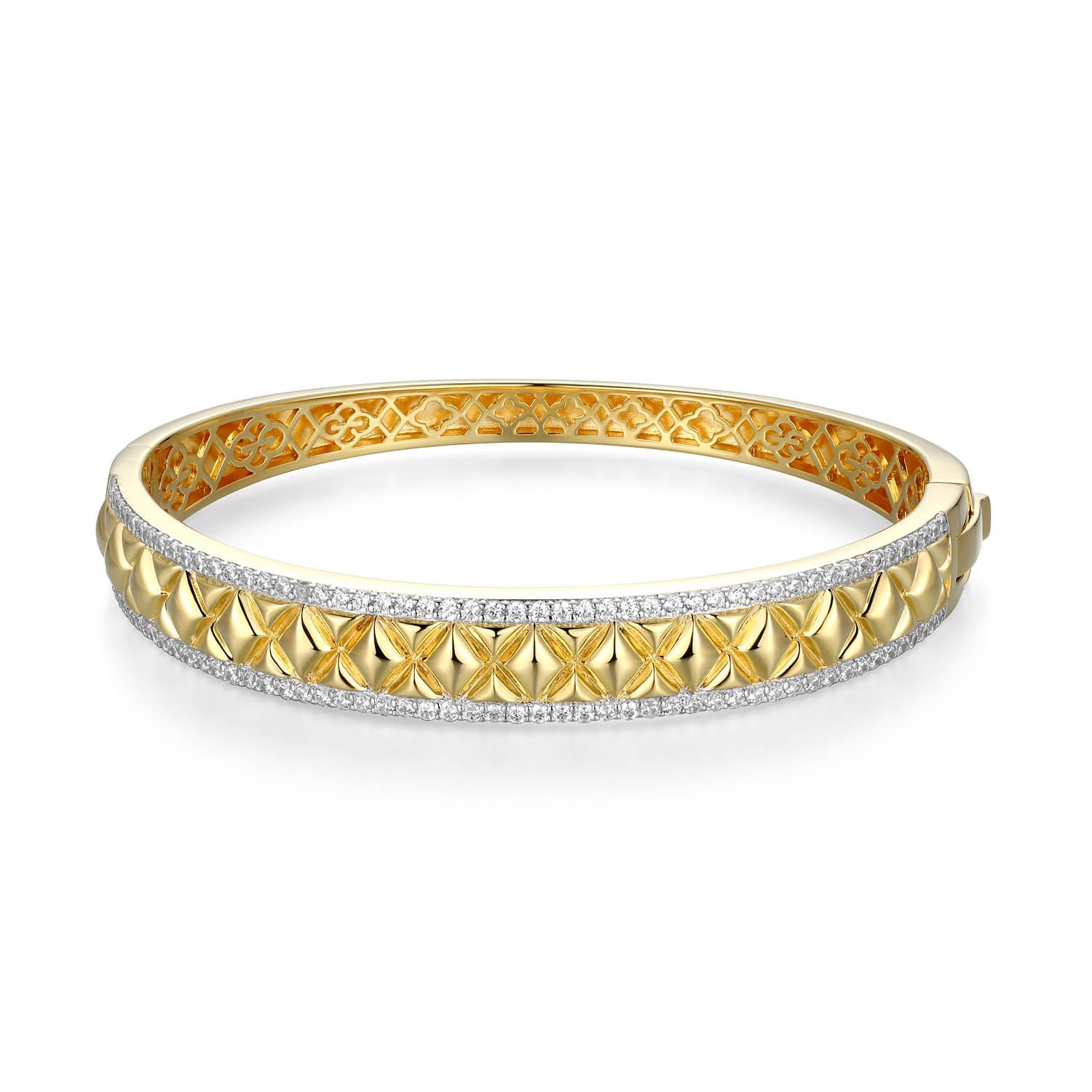 Sterling Silver Charles Garnier "quilted" Rhodium And Yellow Gold Plated Cz Bangle Bracelet 6.75"