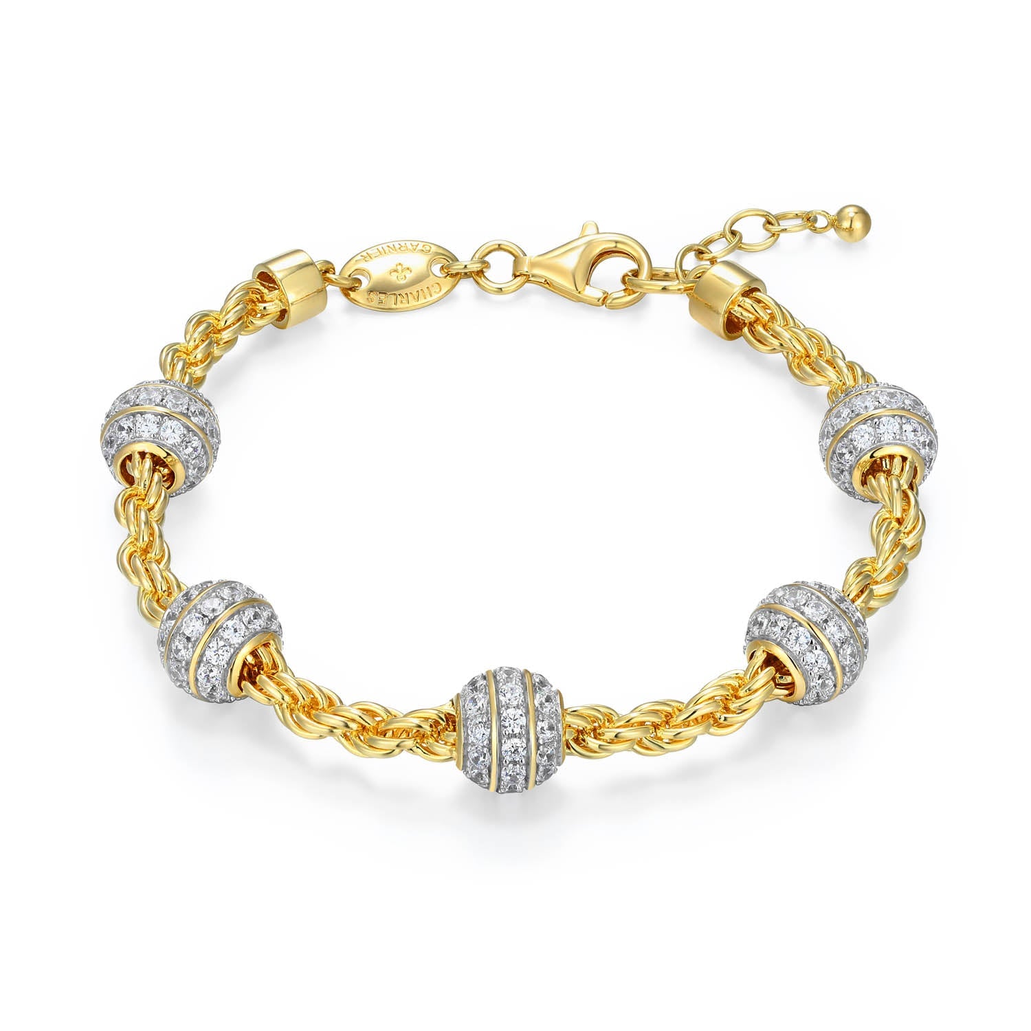Sterling Silver Charles Garnier "rope" Rhodium And Yellow Gold Plated Cz Bracelet 7.5"+0.5" Rope