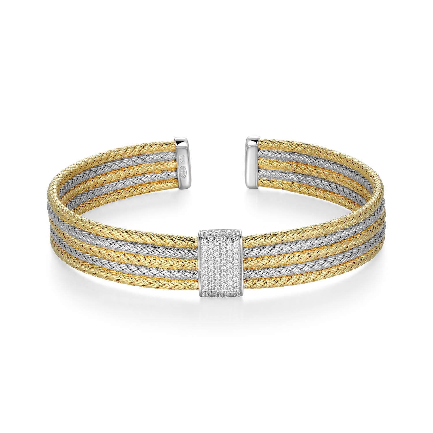 Sterling Silver Charles Garnier "duo Luxe" Rhodium And Yellow Gold Plated Cz Cuff Bracelet 6.75"