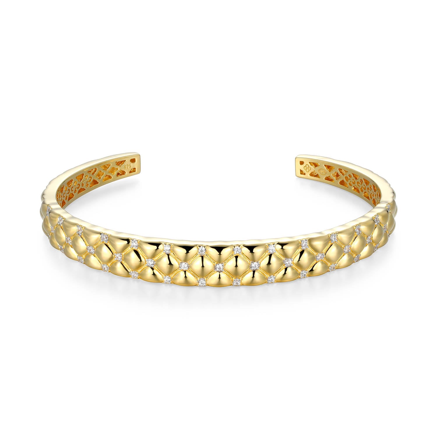 Sterling Silver Charles Garnier "quilted" Rhodium And Yellow Gold Plated Cz Cuff Bracelet 6.75"