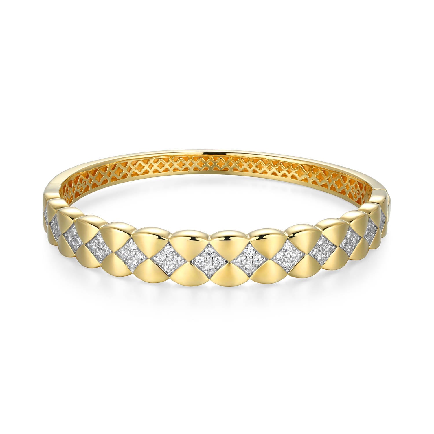 Sterling Silver Charles Garnier "quilted" Rhodium And Yellow Gold Plated Cz Cuff Bracelet 6.75"